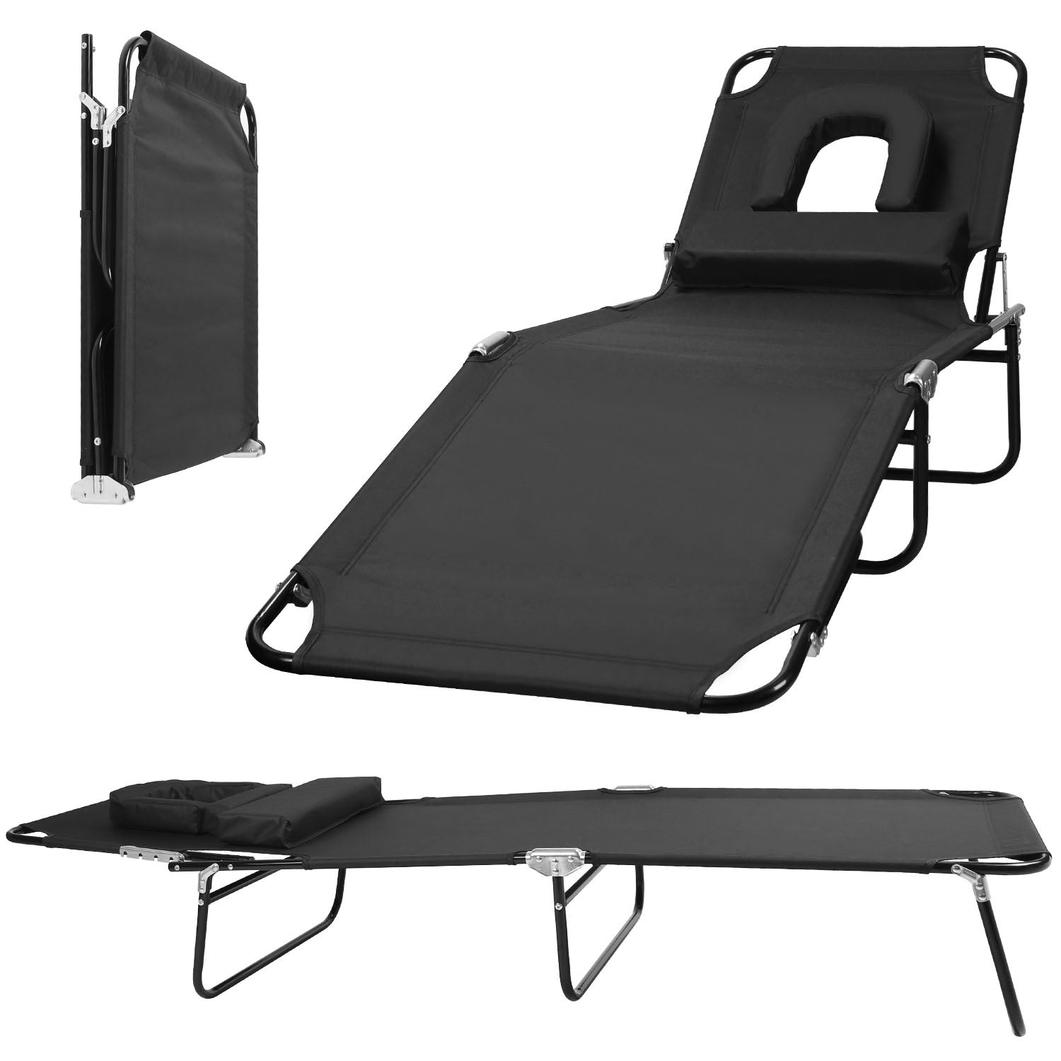 Folding Beach Lounge Chair with Face Hole 5-Position Adjustable Recliner 3 Removable Pillows 265 lbs Max Load