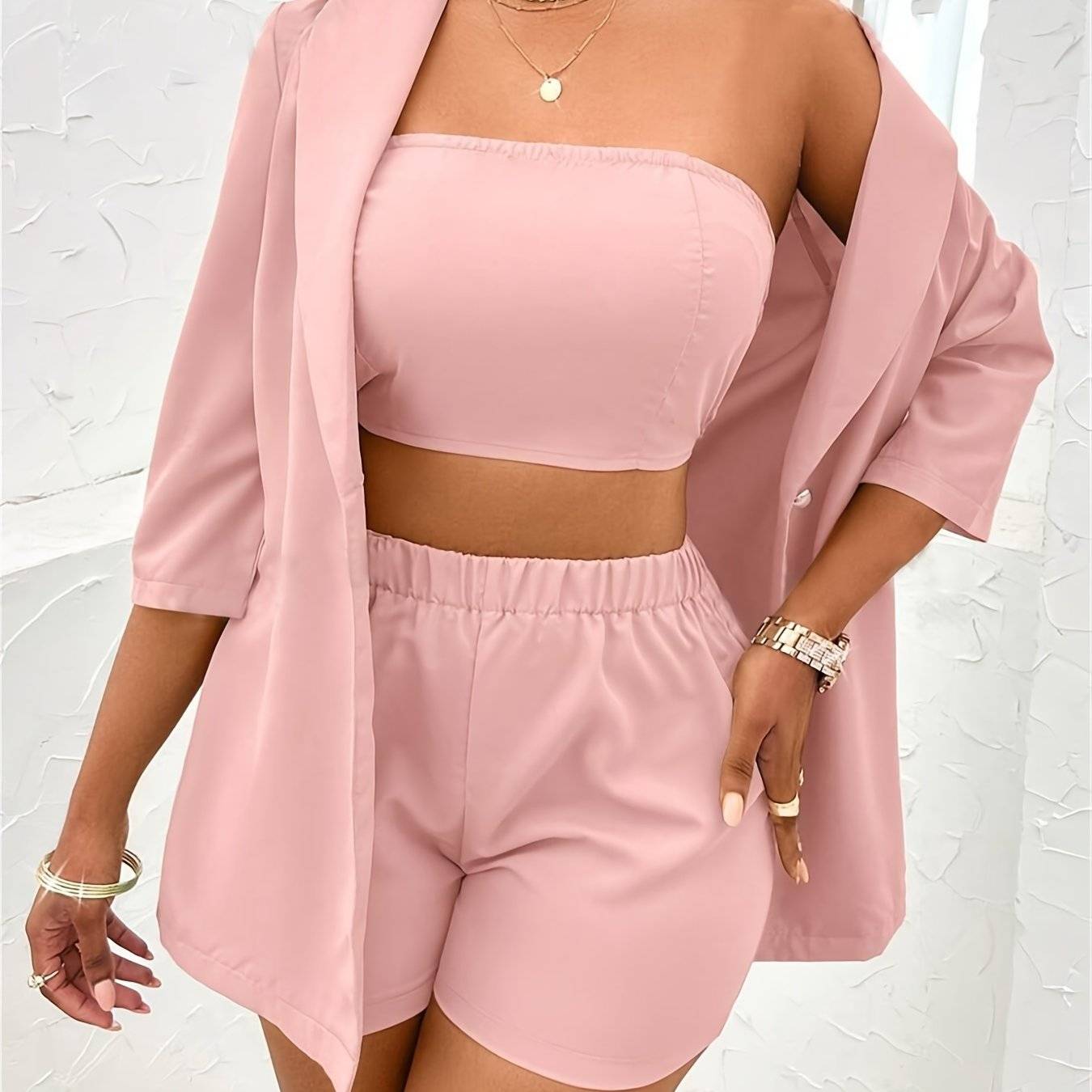 Women’s Three-Piece Set Strapless Top, Shorts & Jacket with Green Fruit Collar Solid Color Casual Wear