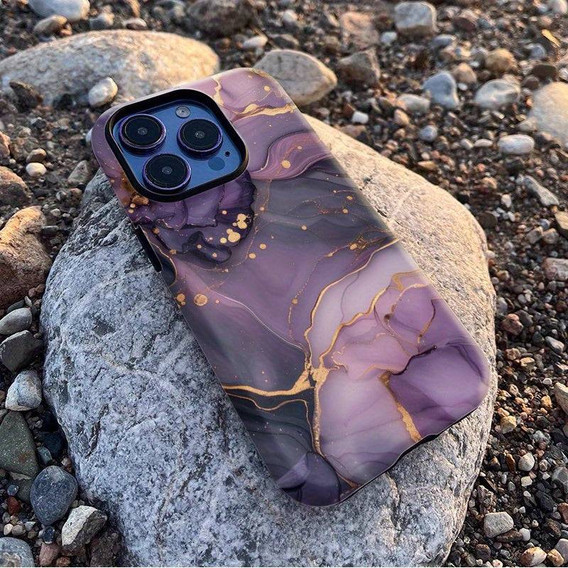Purple Marble Phone Case Glossy 2-in-1 Design with Double Layer Protection Shockproof Cover for iPhone 7–16 Pro Max Models