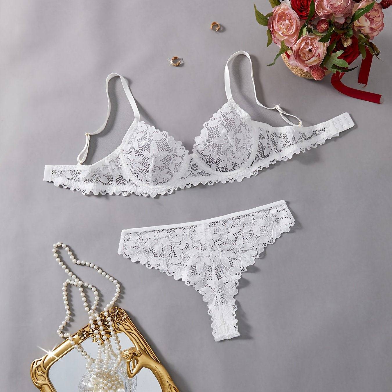 Women's Red Lace Lingerie Set – Delicate Floral Design with Scalloped Edges, Comfortable Matching Set