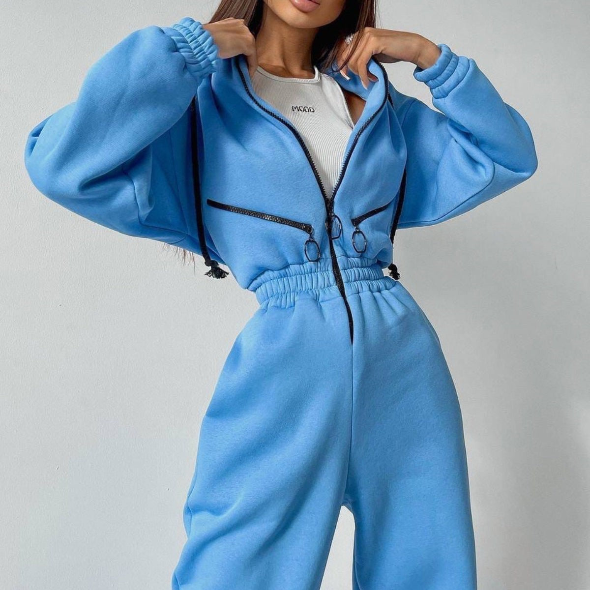 Womens Hooded Jumpsuit Long Sleeve Cotton Blend Stretch