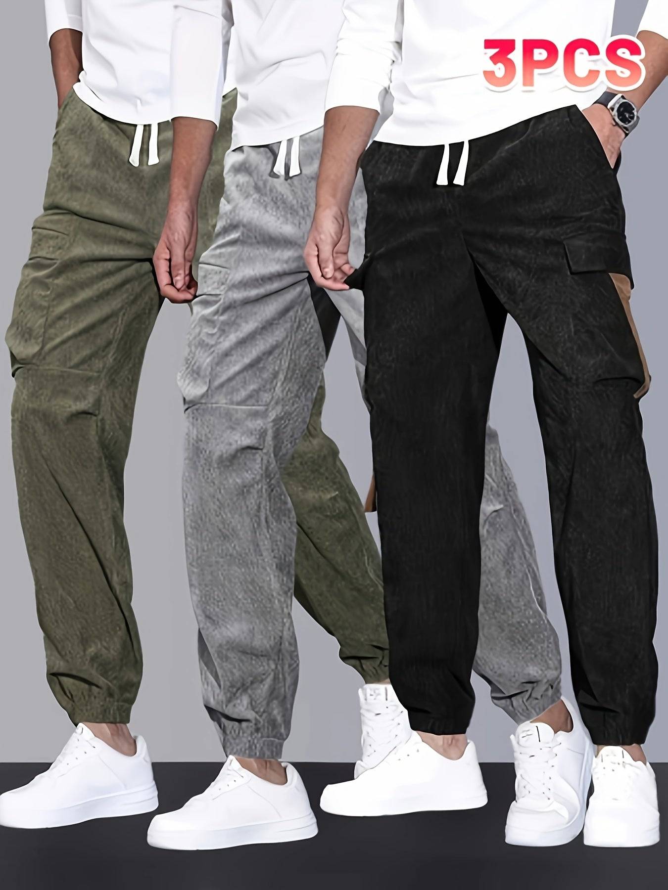 Men's Velvet Cargo Pants 3-Pack – Solid Color, Pockets, Casual & Warm for Fall/Winter