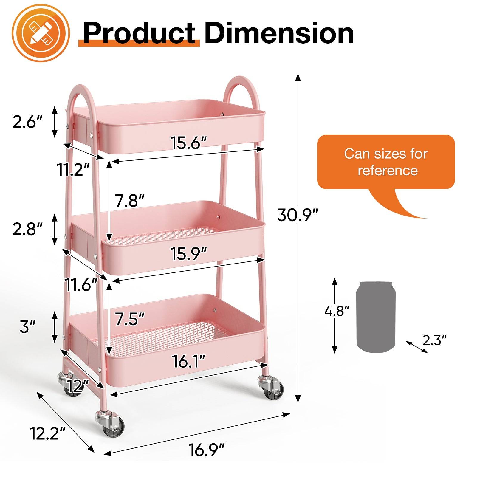 3 Tier Metal Storage Cart with Wheels