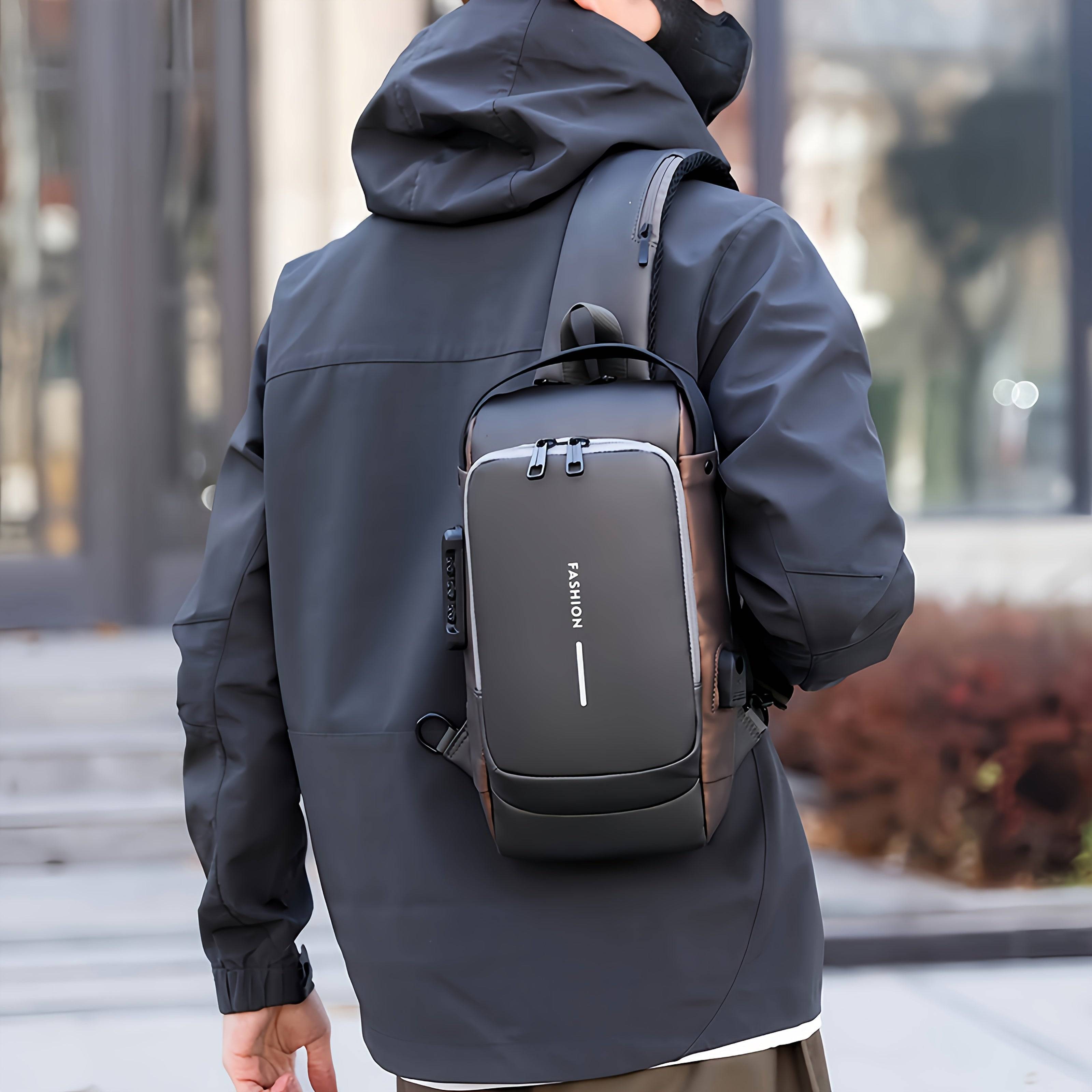 Men's anti-theft chest bag with password lock, crossbody design, multiple compartments, for commuting and travel