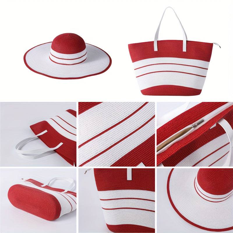 Close-up of red and white 2pcs Summer Travel Set showing detailed stitching, zipper closure, and matching hat and bag design.
