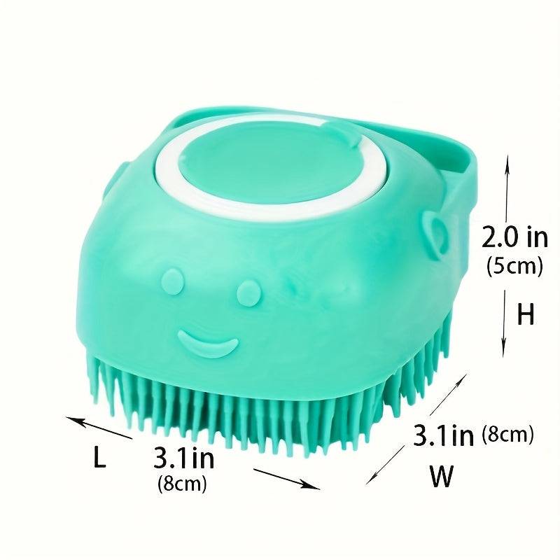 Dog and cat bath brush with shampoo dispenser, soft silicone bristles, ideal for long and short hair during shower