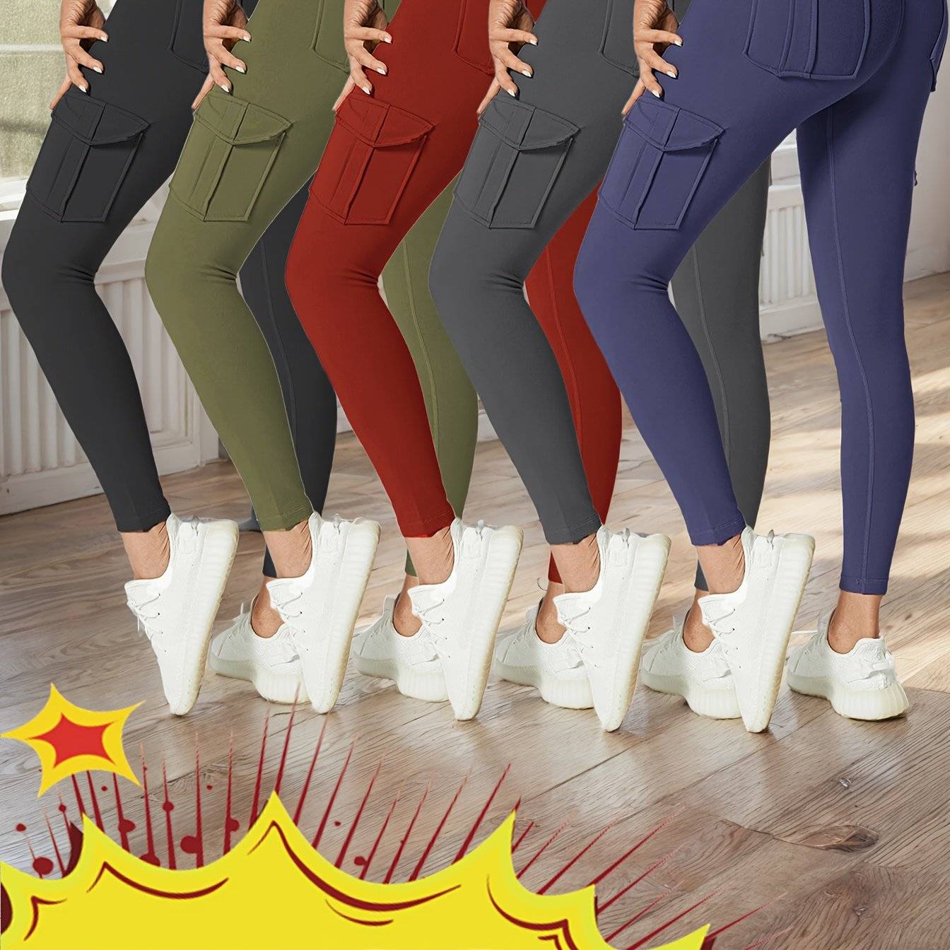 5-Pack Women's High-Waist Leggings with 4 Pockets, Butt-Lifting Tummy Control Workout Pants, 4-Way Stretch Cargo Sports Leggings Set