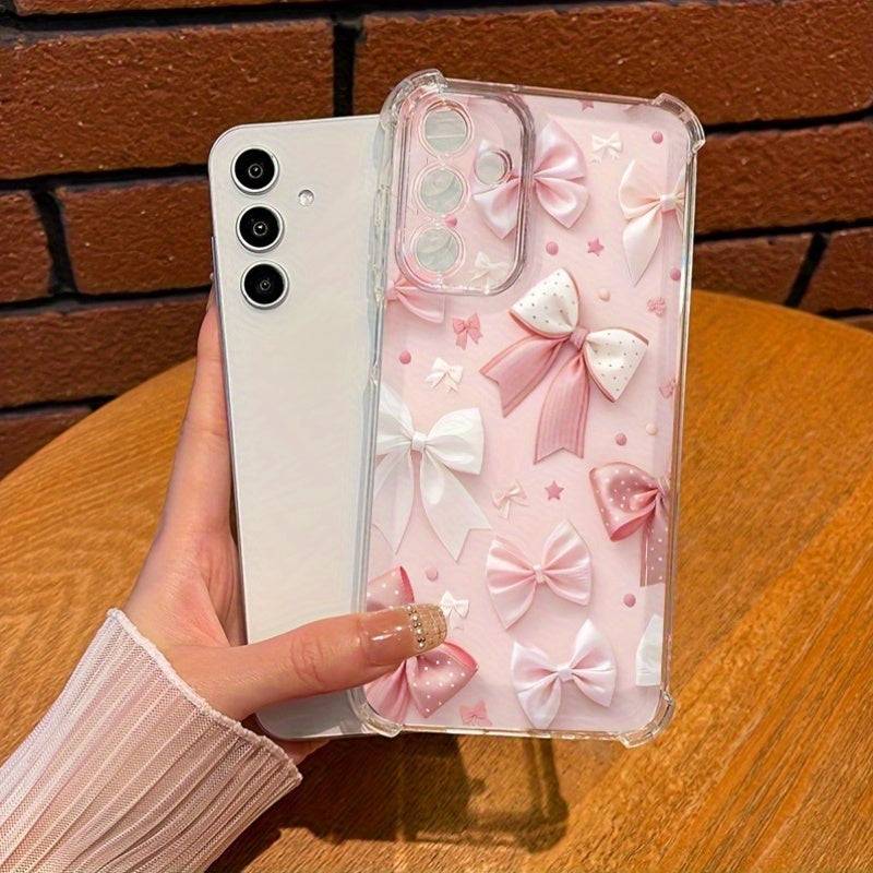 Aesthetic Bow Ribbon Phone Case Pink Stylish Transparent Shockproof Cover Soft Anti-Drop Design for Samsung Galaxy A14–A16, A22, A25–A26, A34–A36, A53–A56