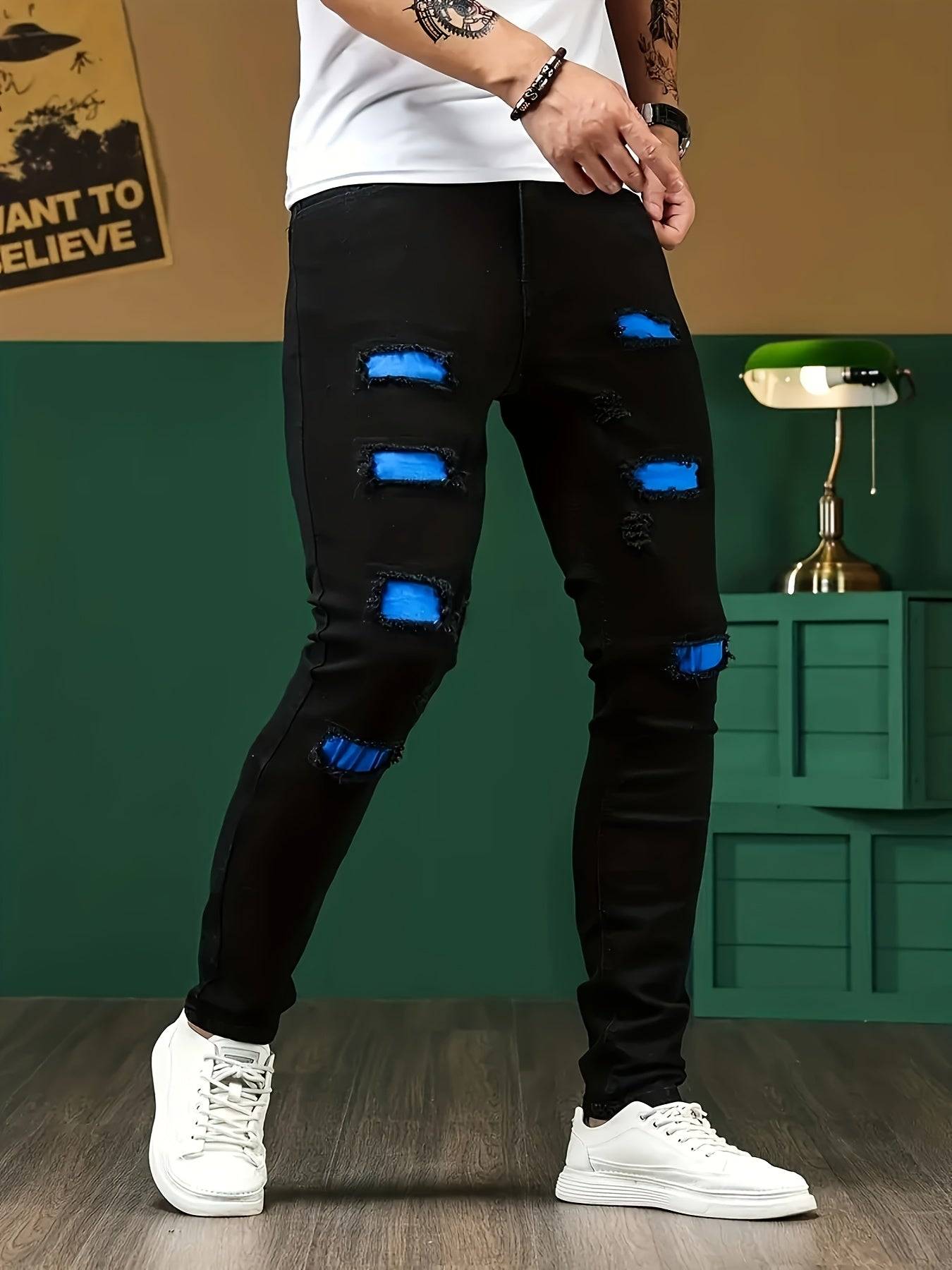 Men’s Slim Fit Stretch Denim Pants Black & Blue Water-Washed Distressed Design All-Season Casual Wear