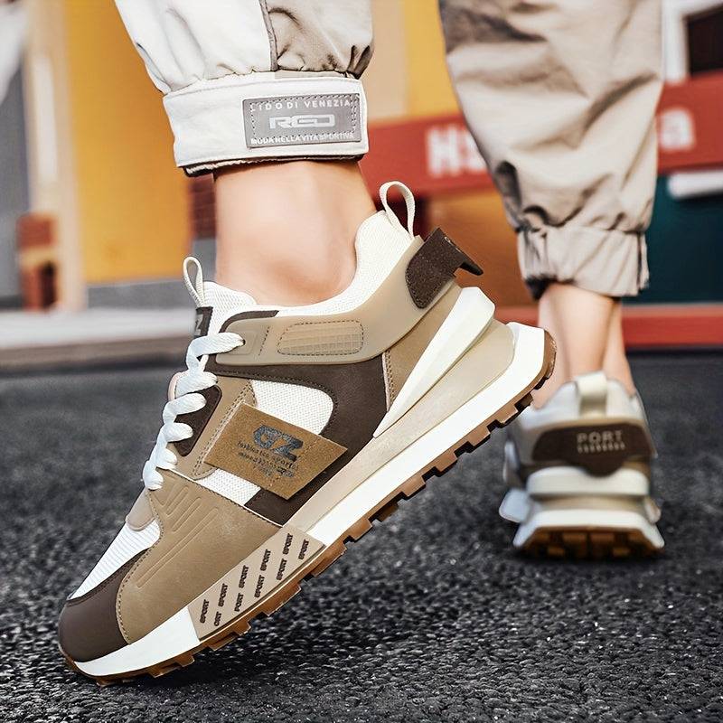 Men’s Casual Sneakers with Vintage Graphic Print, PU Upper & Non-Slip Rubber Sole, Low-Top Lace-Up Shoes for All-Season Wear