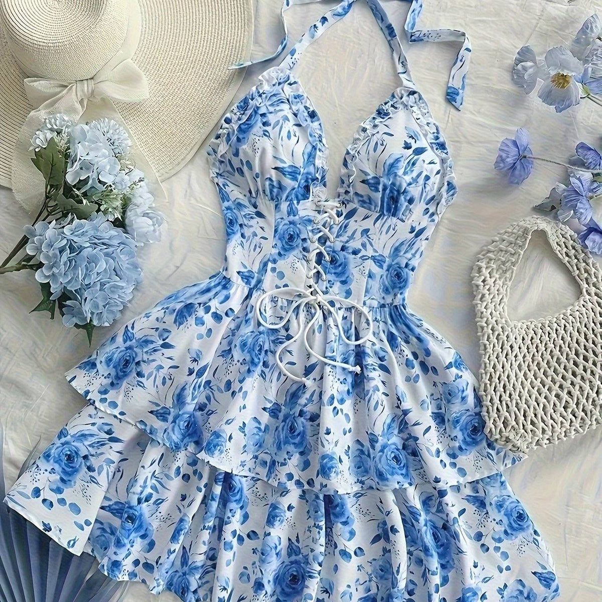 Women’s Summer Floral Halter Dress – Sleeveless Lace-Up Back, Cute A-Line Design, 100% Polyester, Vacation Outfit