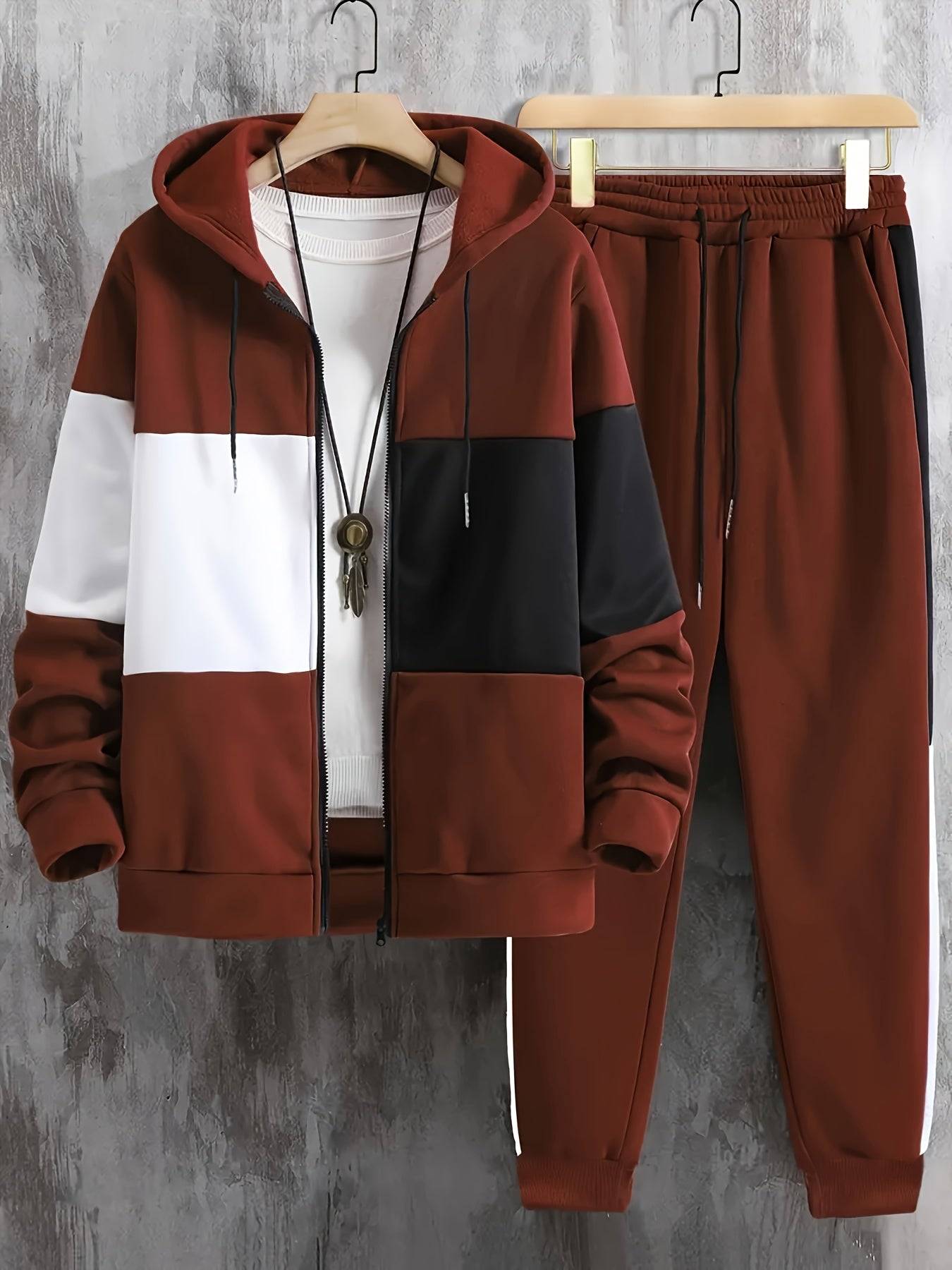 Men's Two-Piece Tracksuit, Contrast Zipper Hoodie with Long Sleeves and Drawstring Pants, Casual Outfit for Outdoor Wear