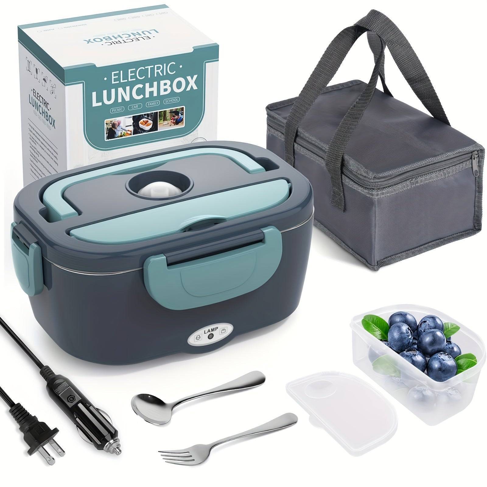 Electric Lunch Box Food Warmer 3-in-1 Portable Heated Lunchbox for Adults 12V/24V/110V with Fork, Spoon & Insulated Carry Bag for Car, Truck & Office