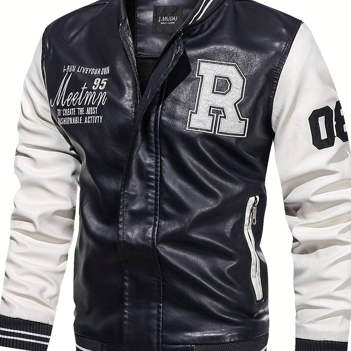 Plus Size Men’s PU Baseball Jacket with Letter “R” Print, Oversized Punk Raglan Design for Big & Tall, Spring & Autumn Wear