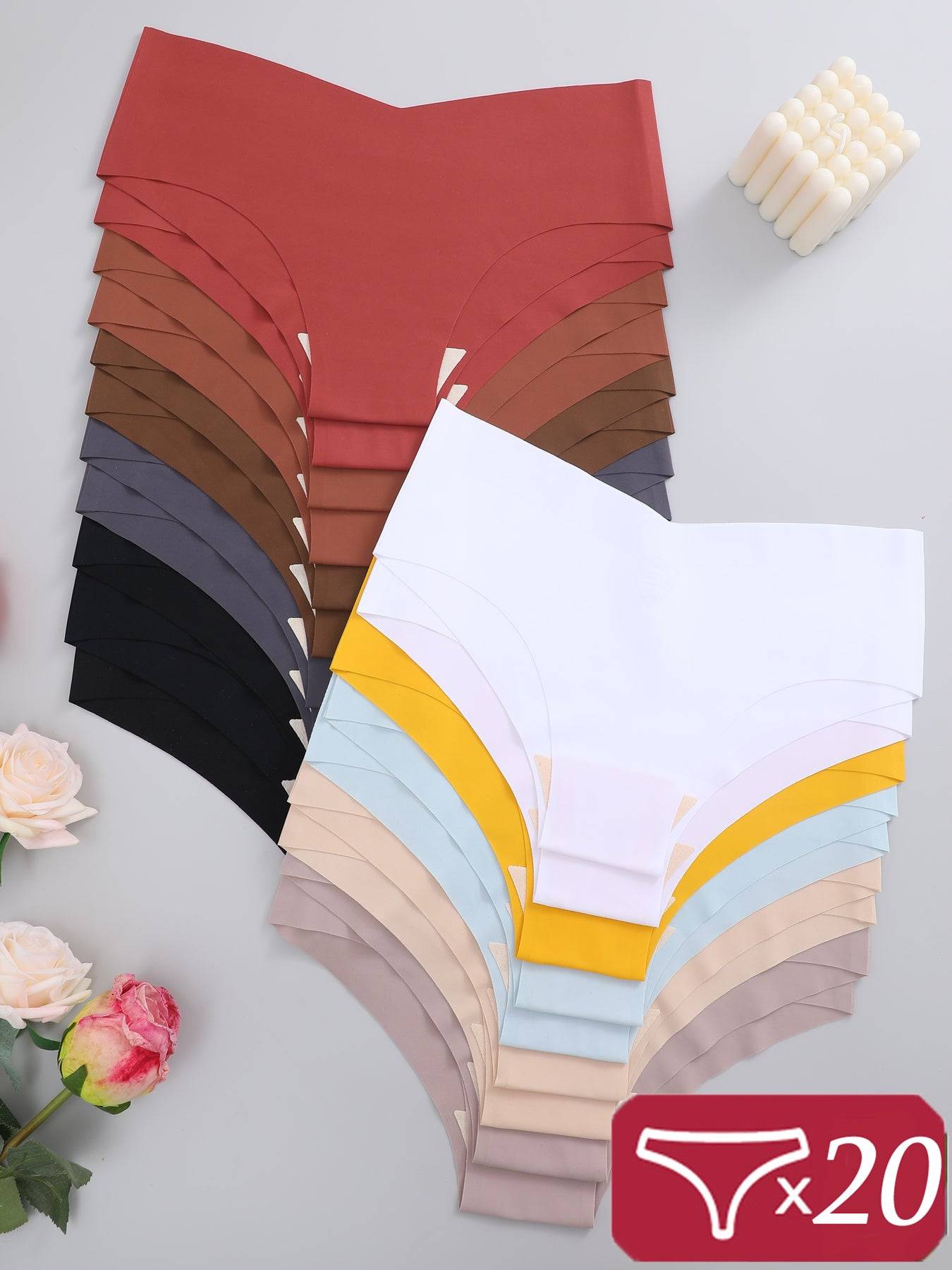 20-Pack Seamless Ice Silk Panties for Women – V-Cut, Drop Waist, Solid Colors, Medium Support