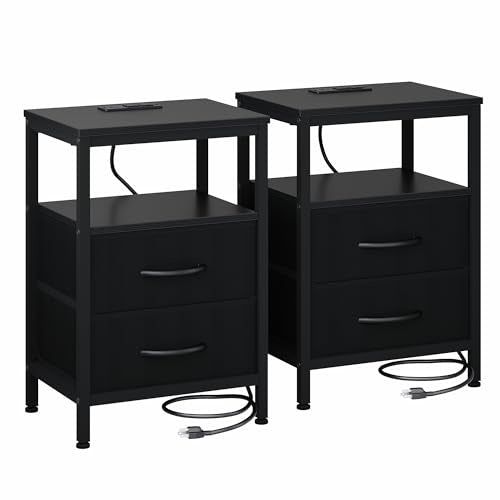 Bedside Table with Charging Station and Fabric Drawers