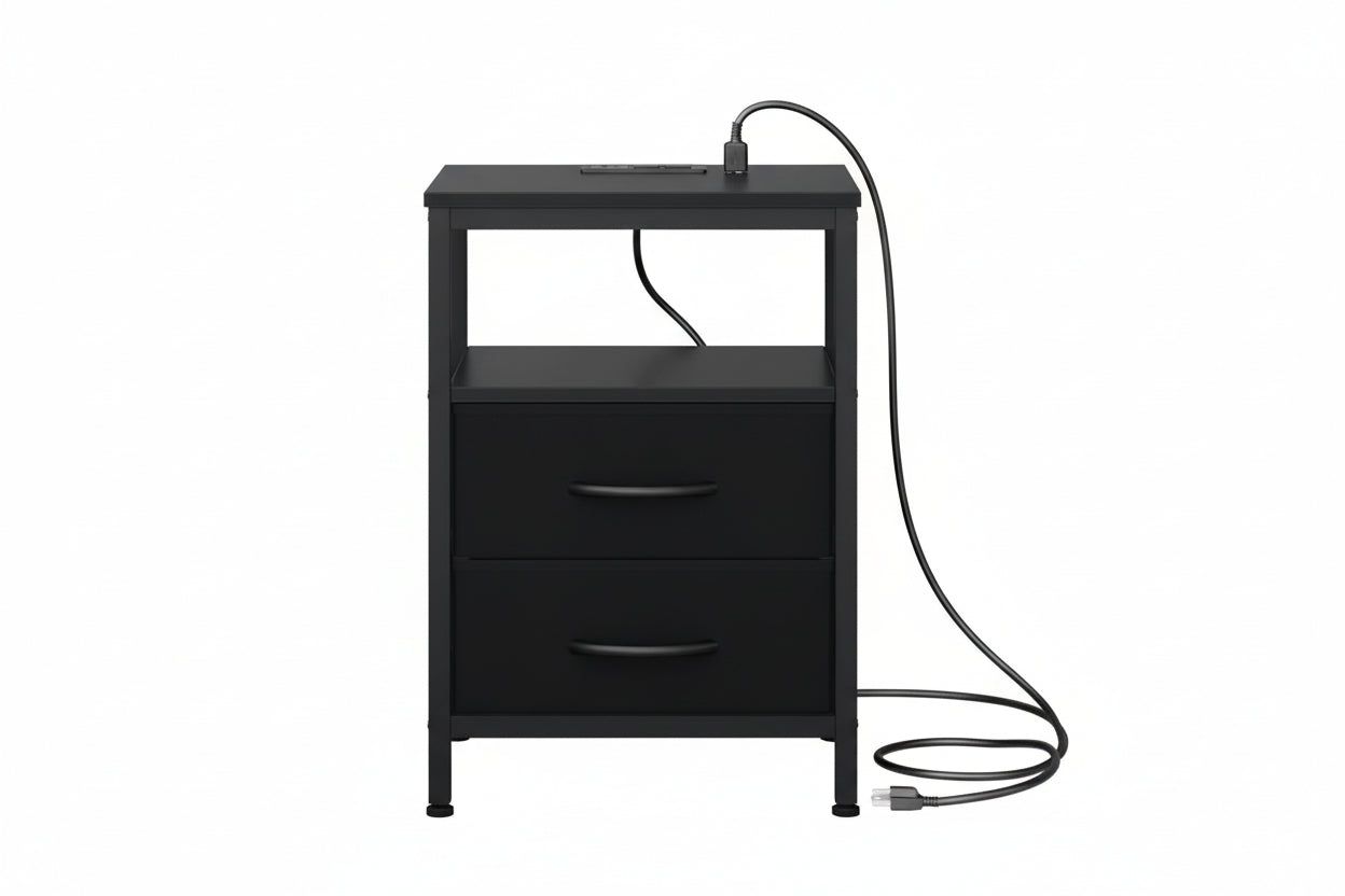 Bedside Table with Charging Station and Fabric Drawers
