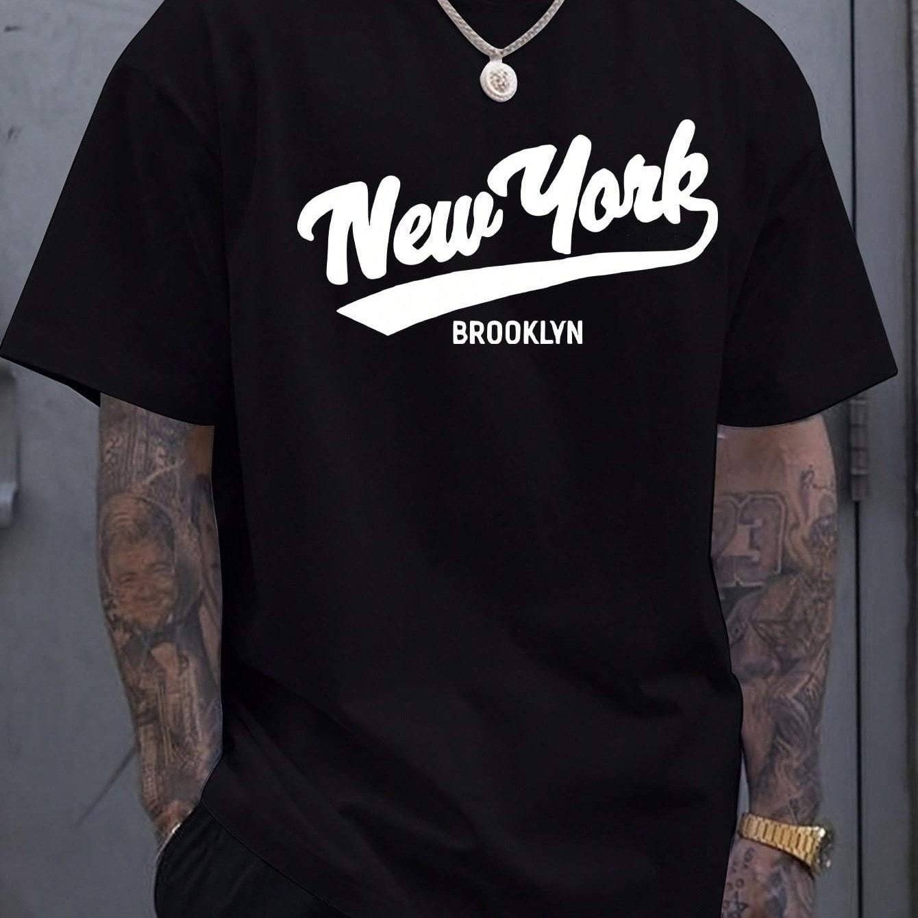 Men's cotton T-shirt, short sleeve crew neck, New York print, casual and comfortable plus size versatile tee