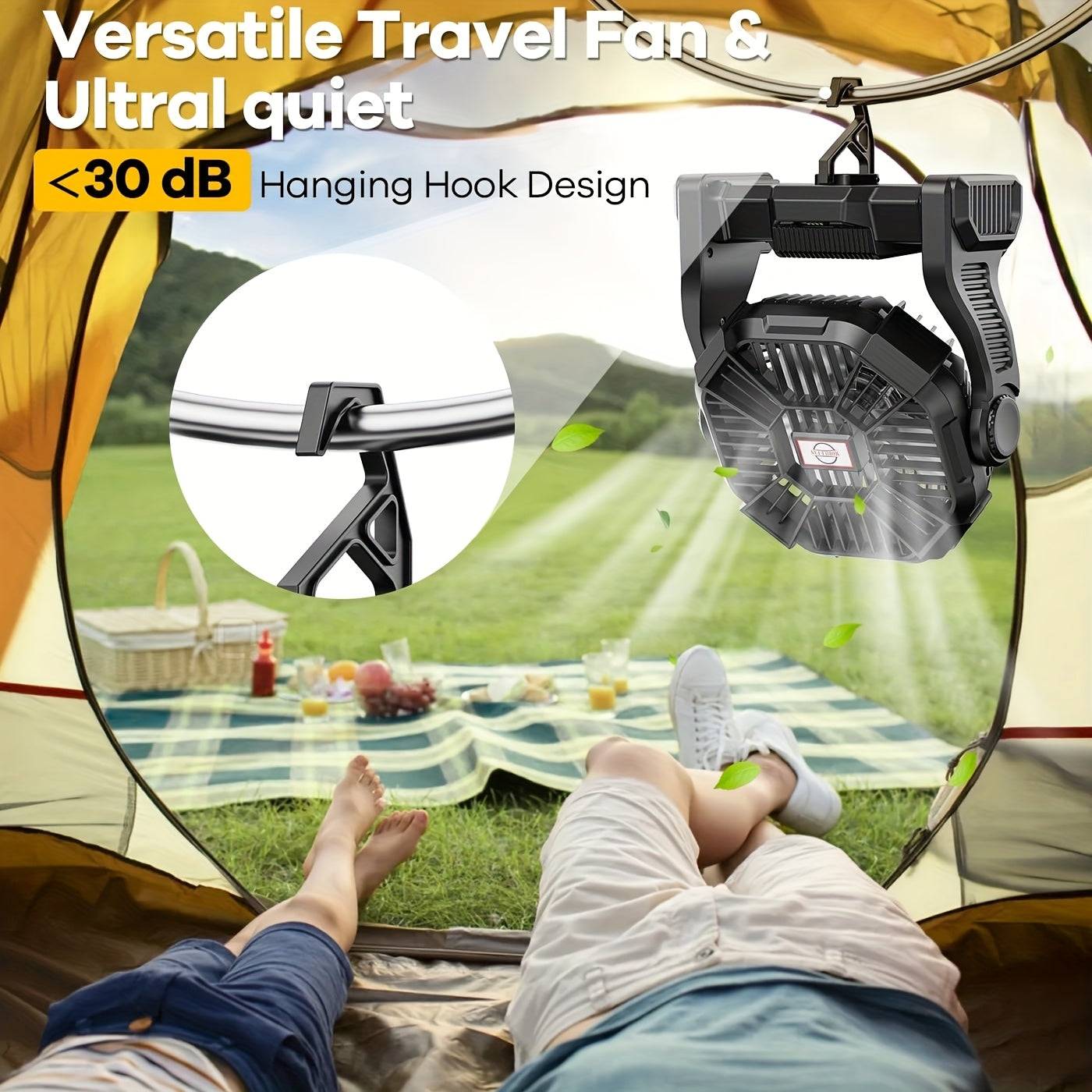 20,000mAh Portable Camping Fan with Dual Motors & Dual Blades – 60H Cooling, USB Rechargeable with LED Lanterns & Tent Hook