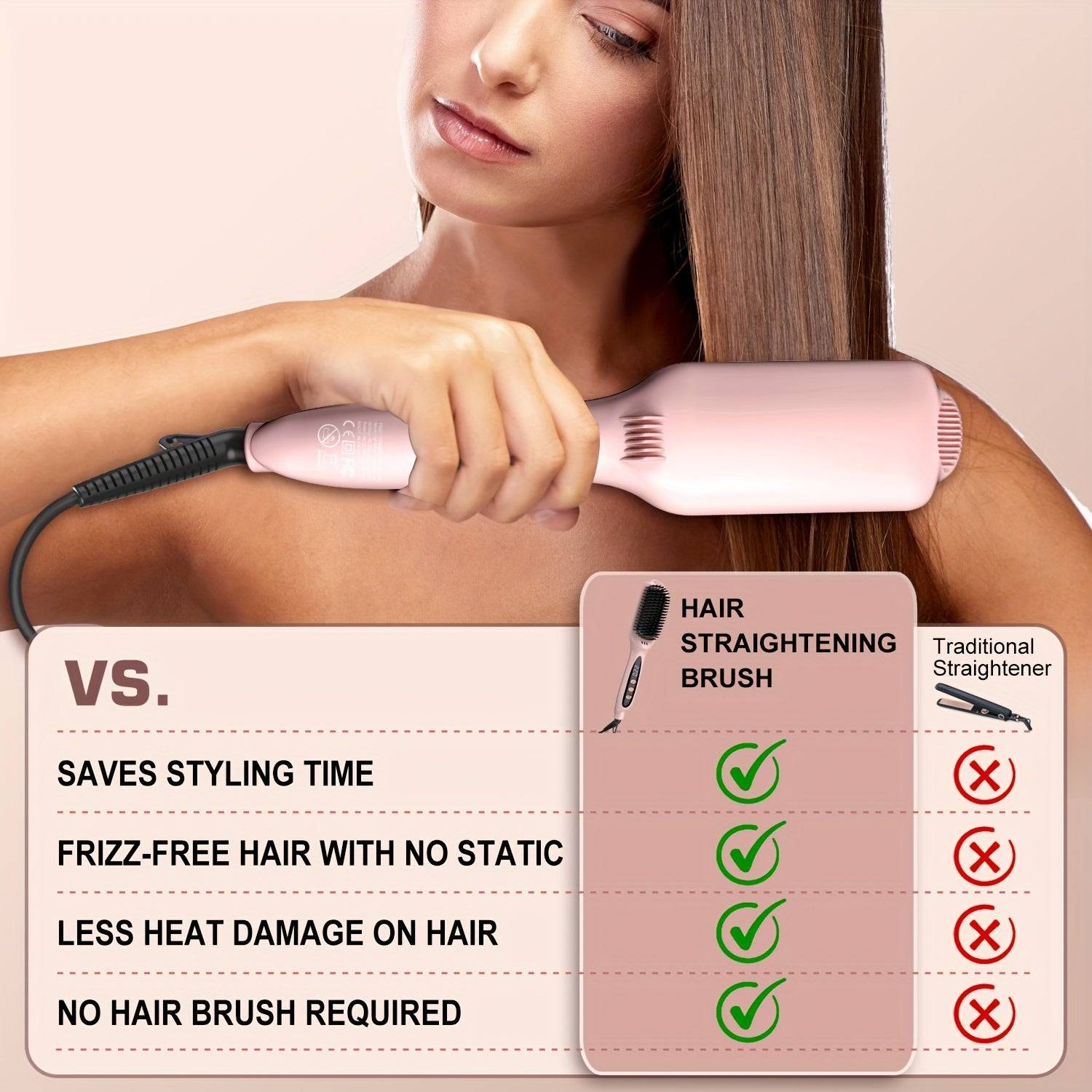 Hair Straightener Brush with Ionic Technology, Ceramic Heated Comb with 12 Temps & Dual Voltage, Flat Iron Brush for Thick Curly Hair, Rose Gold