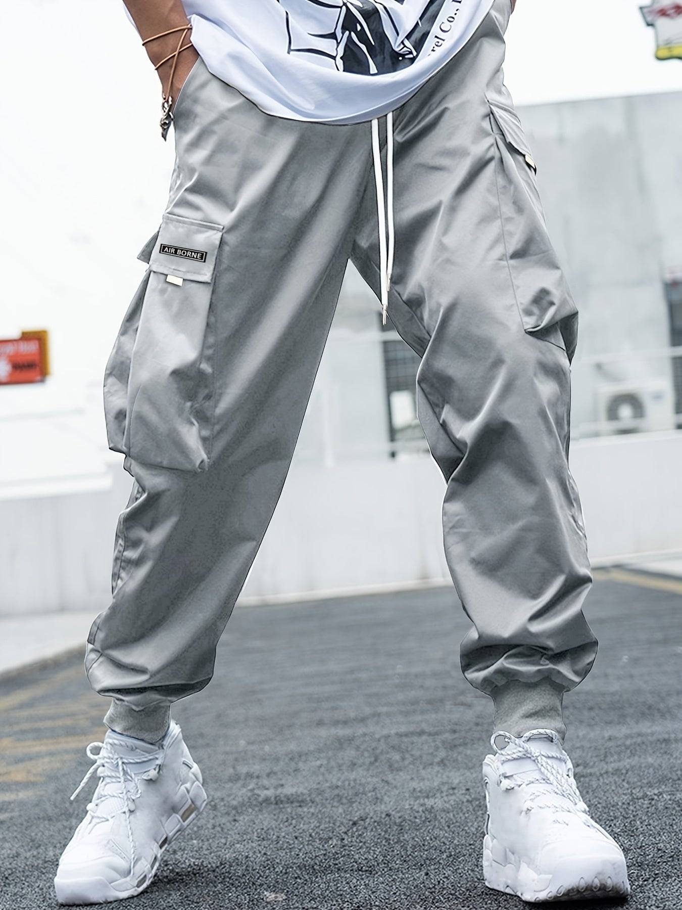 Mens Loose Fit Cargo Pants with Drawstring and Multi Pockets