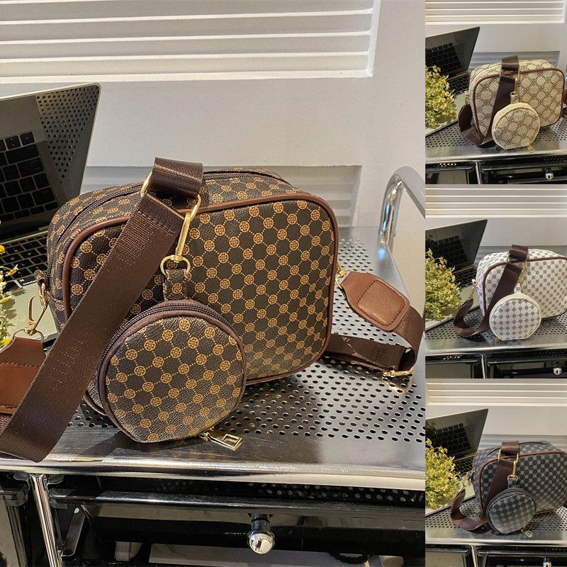Women’s Vintage Crossbody Bag PU Leather Plaid Shoulder Handbag with Small Square Purse Set