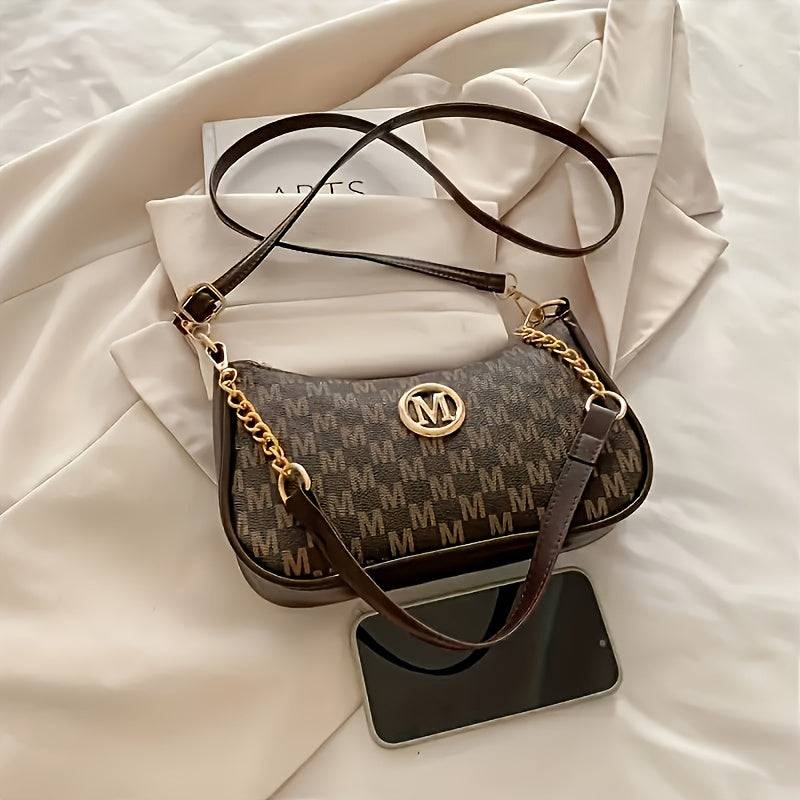 Women’s Vintage Crossbody Bag – Checkered Print, Gold Accents, Detachable Chain, Black & White