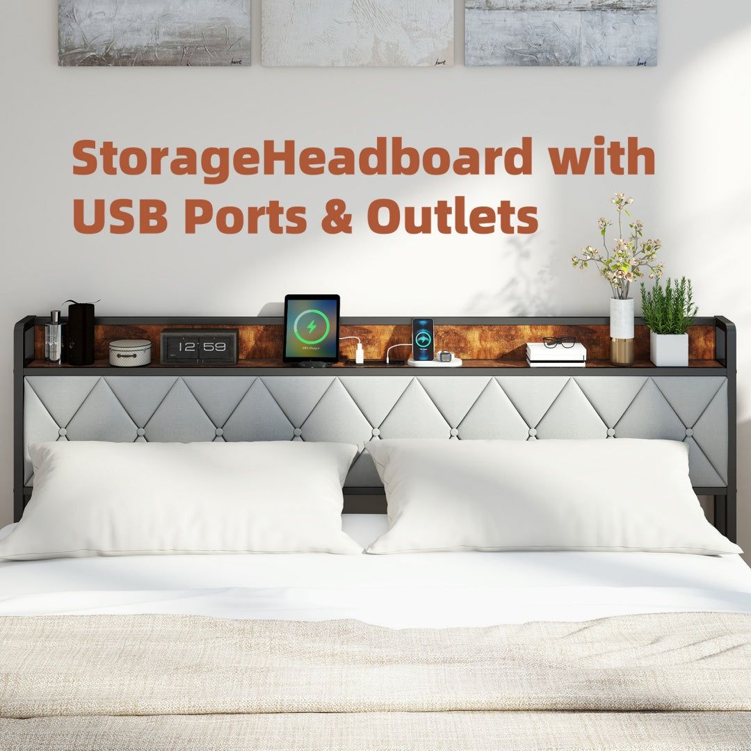 Upholstered Bed Frame with Headboard Storage and Charging