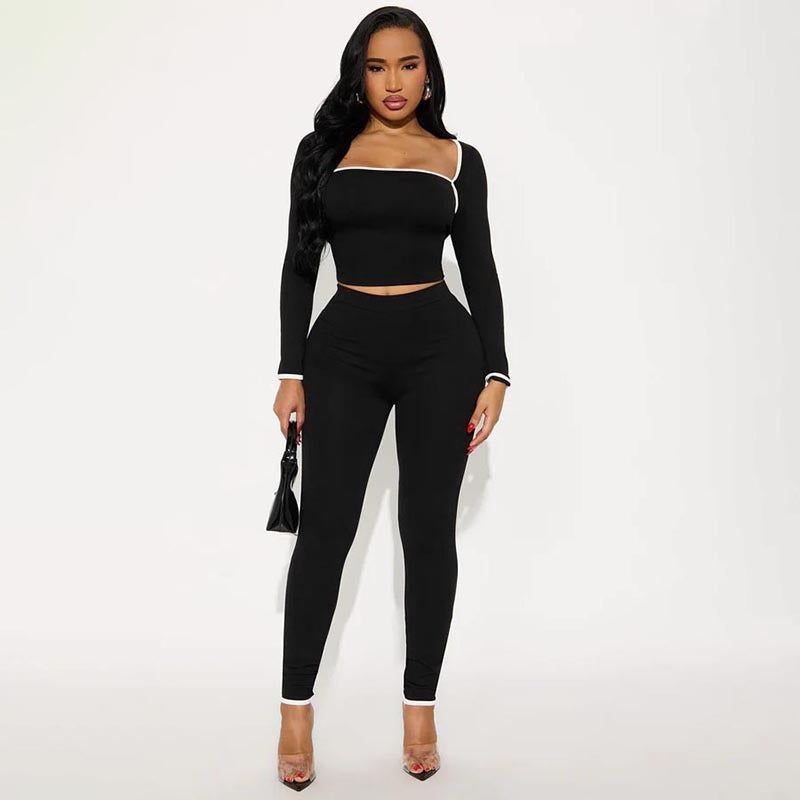 Women's Two-Piece Set with Long Sleeve Top and Slim Pants, Color-Block Stitching