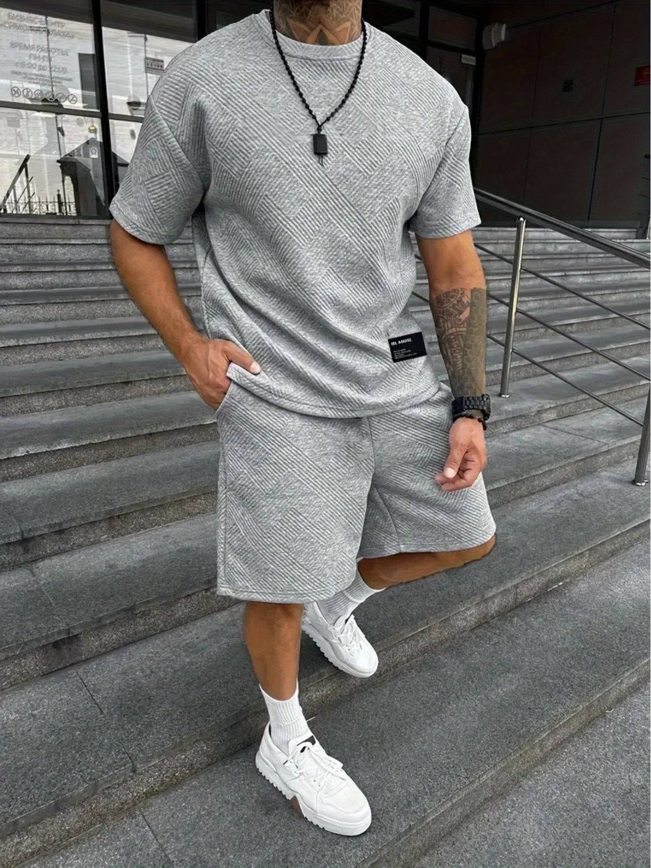 Men's Summer Two-Piece Set, Dark Stripe Texture Short Sleeve Shirt and Matching Shorts, Casual Polyester Outfit for Beach or Daily Wear