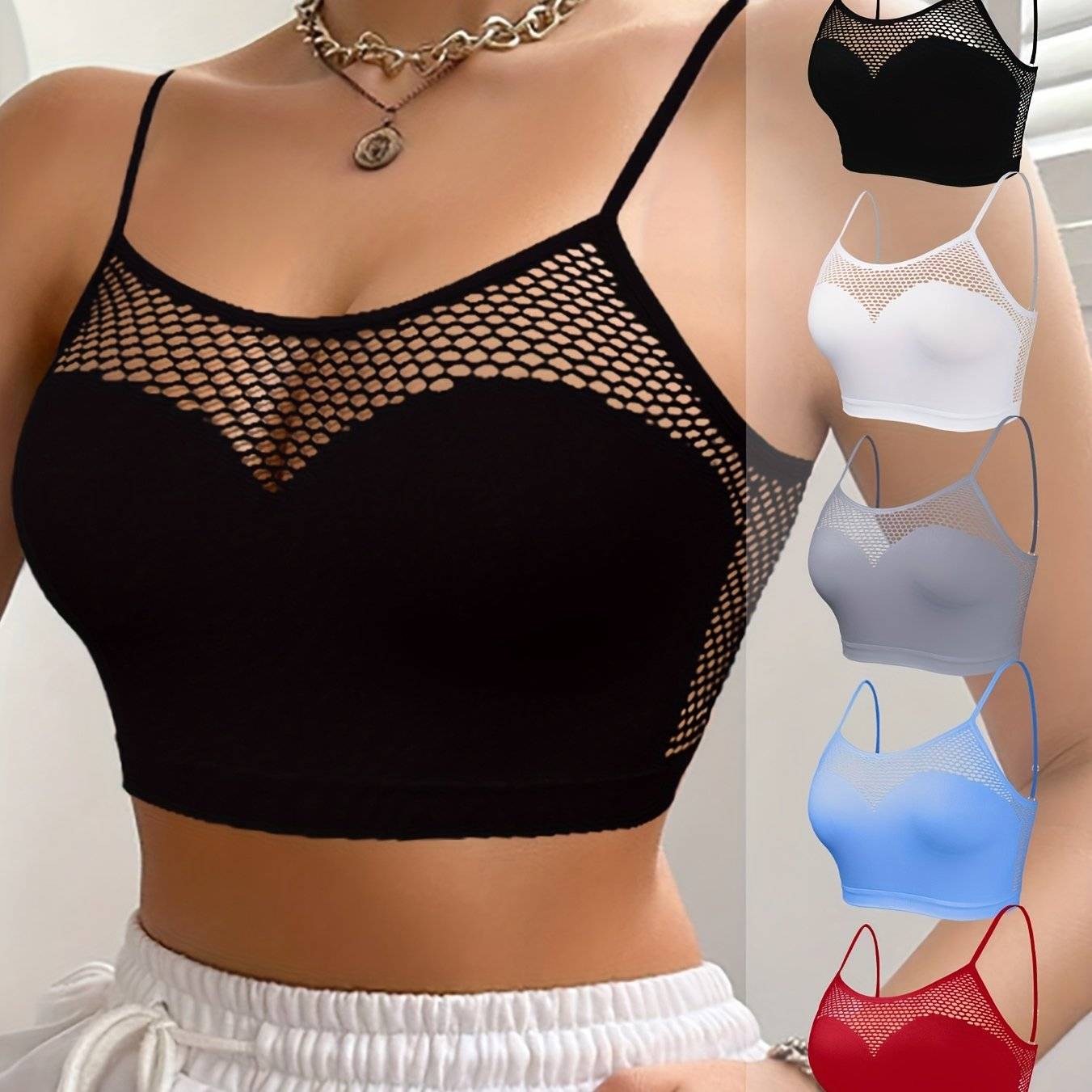 5pcs Women’s Strapless Camisole Bras, Solid Color Wireless Bras with Breathable Mesh and Adjustable Straps