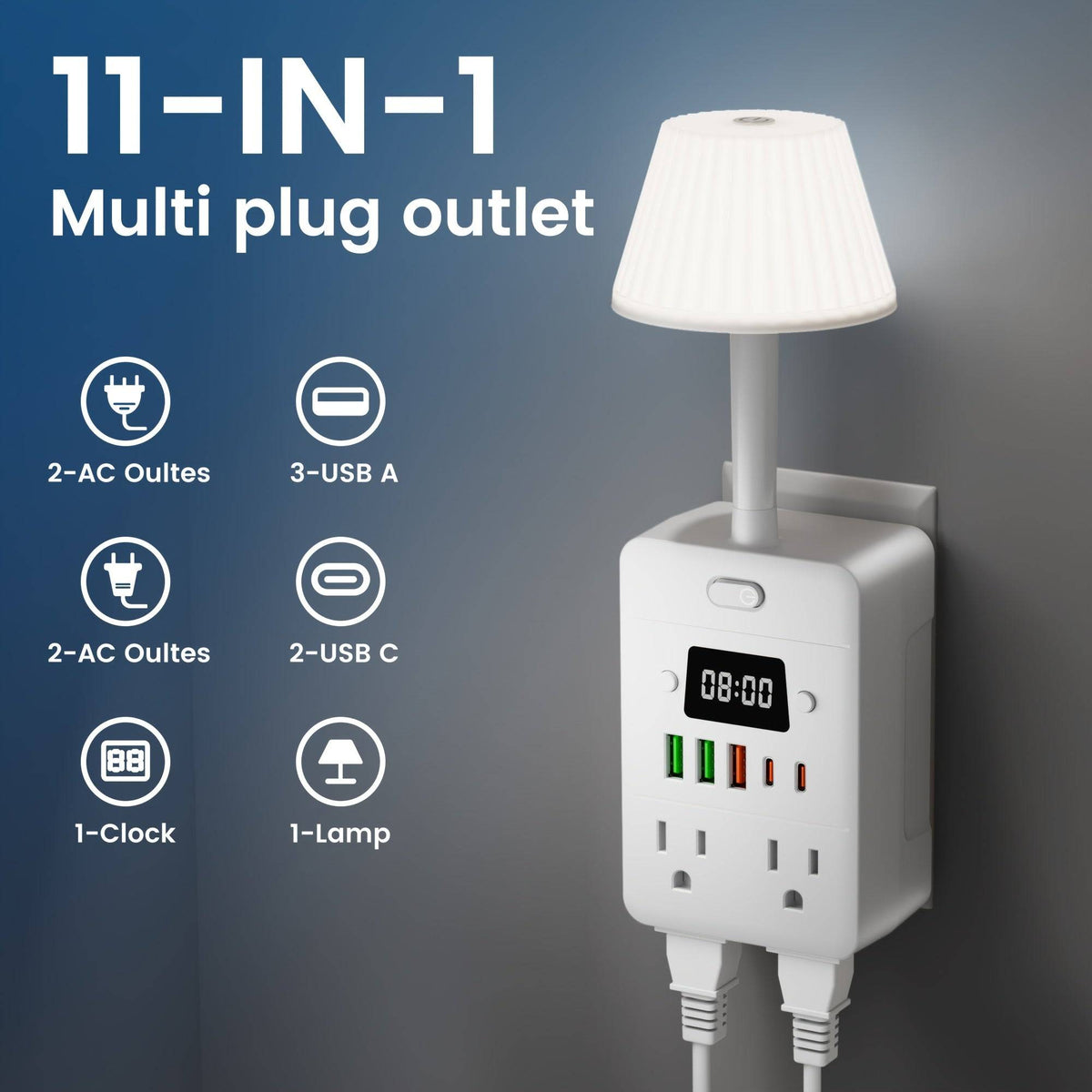 11-in-1 Power Strip Charging Station 4 Outlets, USB-A & USB-C Ports, Desk Lamp & Digital Clock Overload Protection