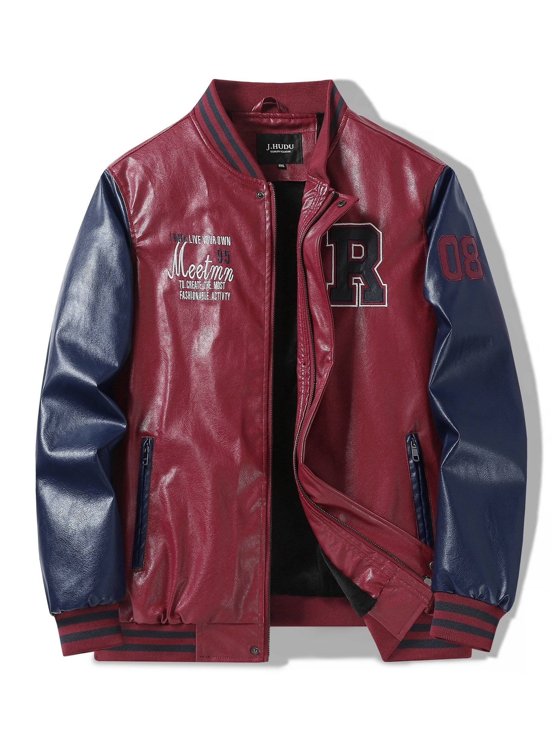 Plus Size Men’s PU Baseball Jacket with Letter “R” Print, Oversized Punk Raglan Design for Big & Tall, Spring & Autumn Wear