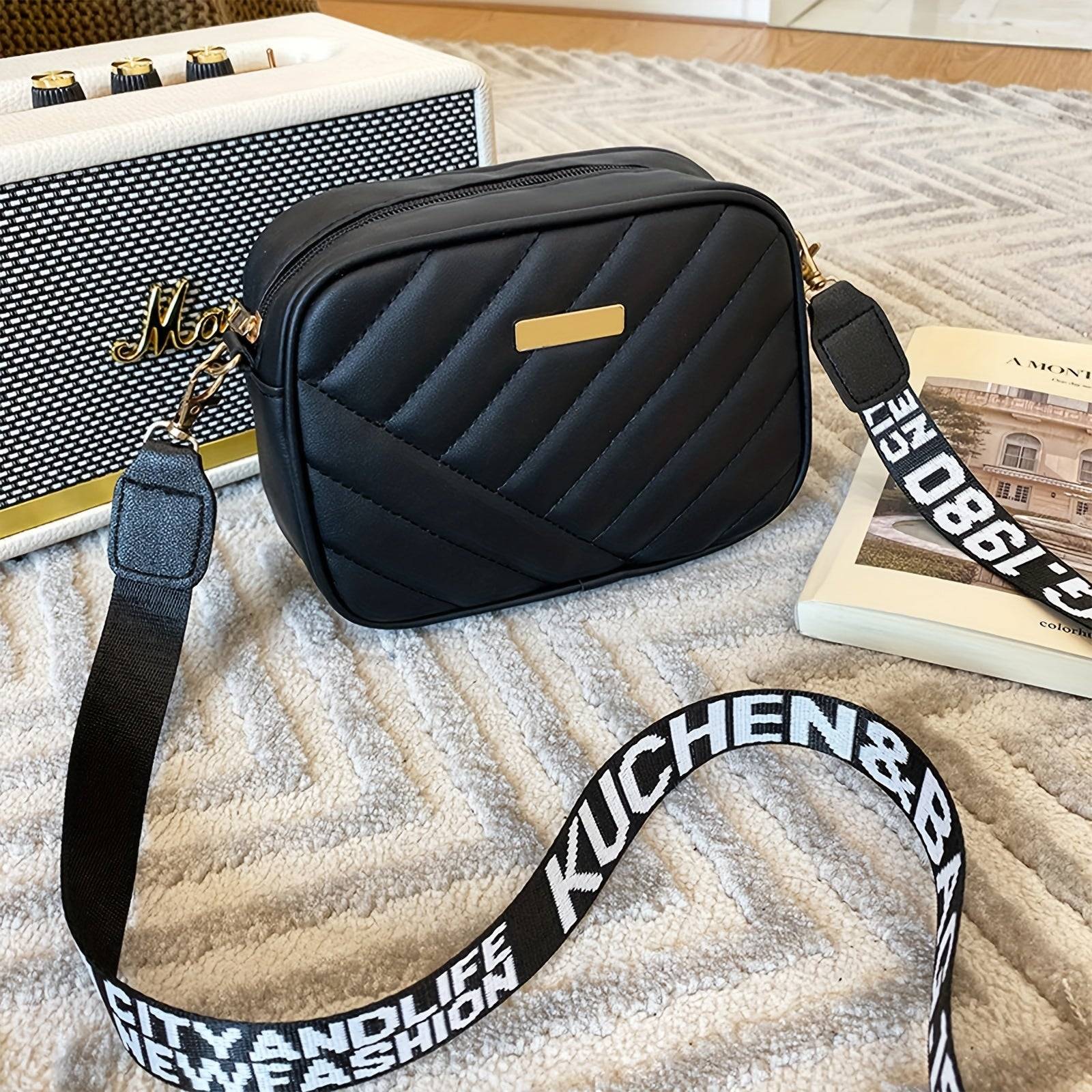 Women’s Quilted Crossbody Bag, Compact Shoulder Purse with Adjustable Strap, Black & White with Gold Plaque