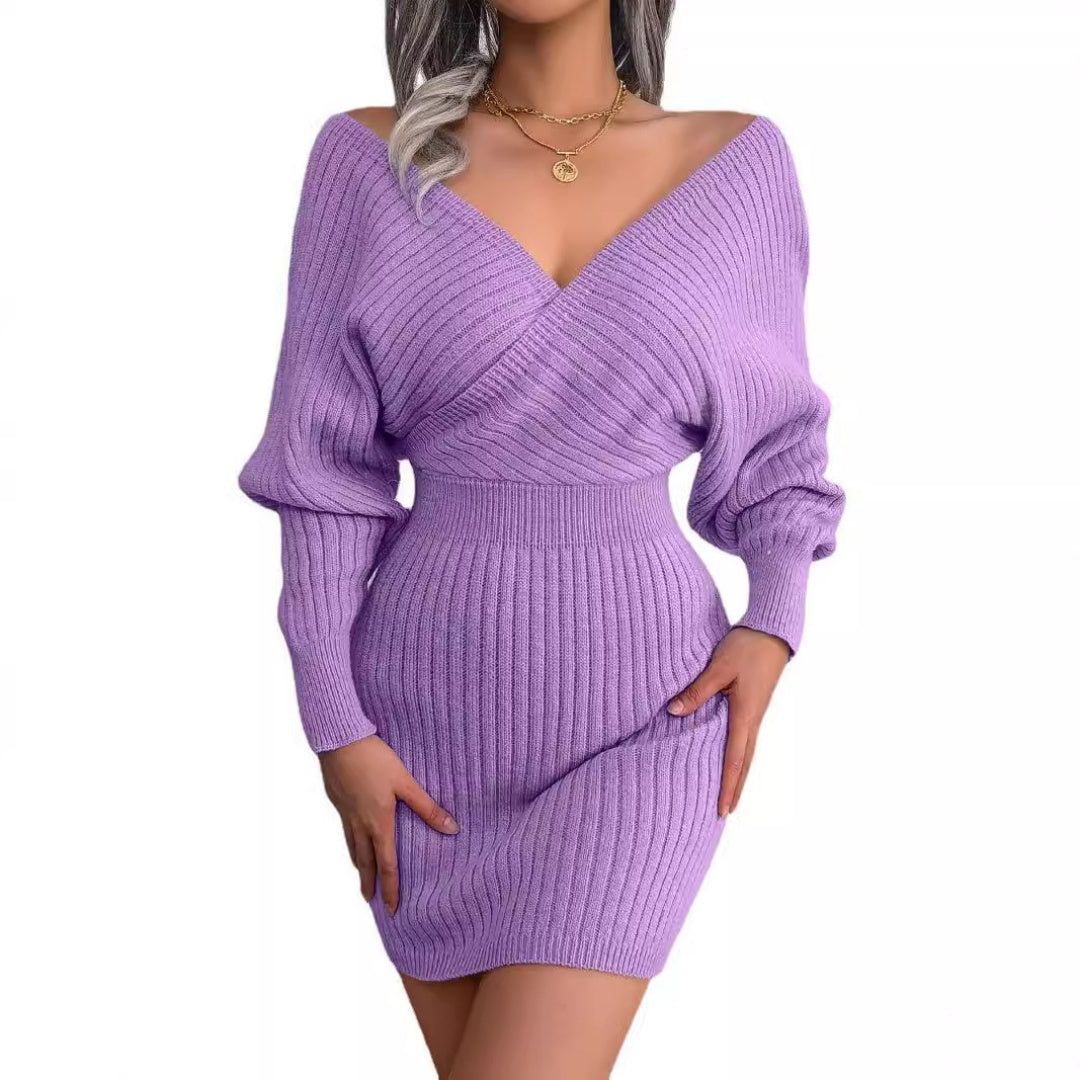 Dress Acrylic Bodycon Mini Cross V Neck Batwing Sleeve
