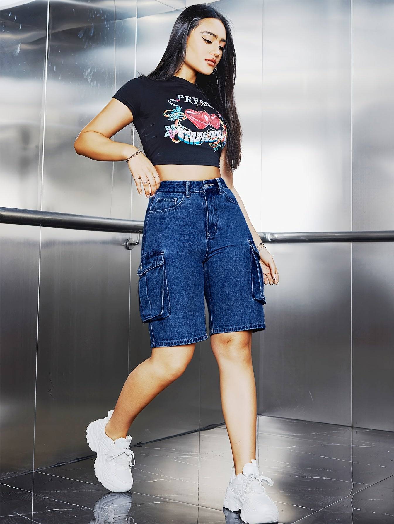 Women’s Denim Cargo Shorts Washed Blue Knee-Length with Flap Pockets Utility Style for Summer