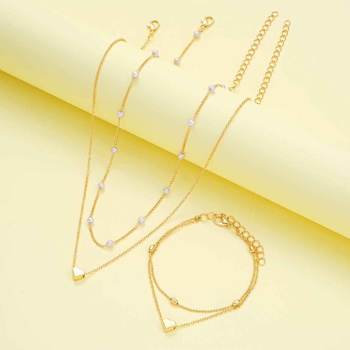3-Piece Heart Jewelry Set with Necklace and Bracelet, Unisex Imitation Jewelry for Daily Wear, Dating and Vacation Gifts