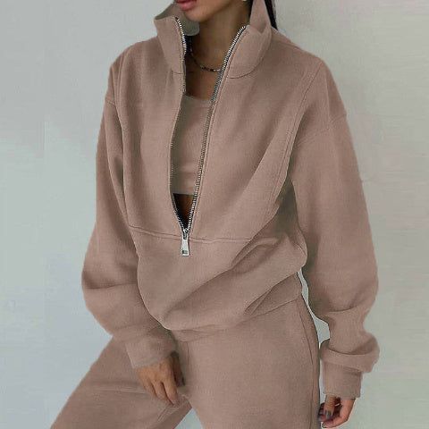 Women Two Piece Set Fleece Solid Color Casual Suit