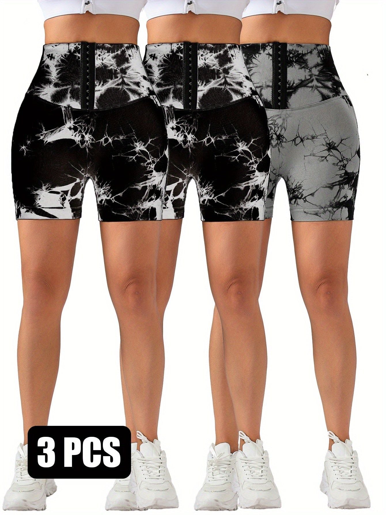 3 Pack Seamless Tie Dye High Waist Shorts Tummy Control