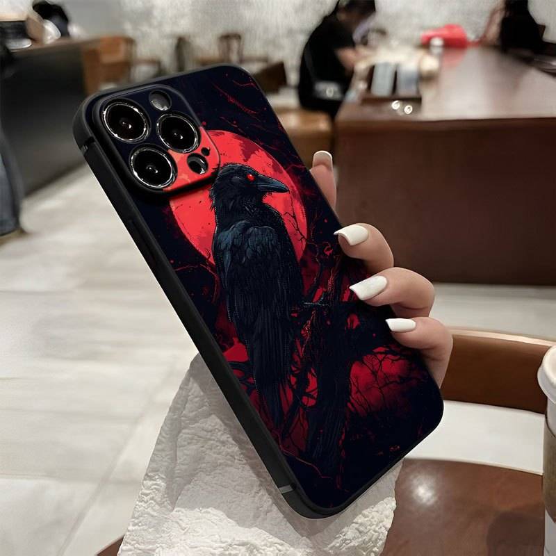 Raven Pattern Phone Case Blood Moon & Dark Forest Design Shockproof TPU Protective Cover for iPhone 11–16 Pro, Plus & Pro Max Models