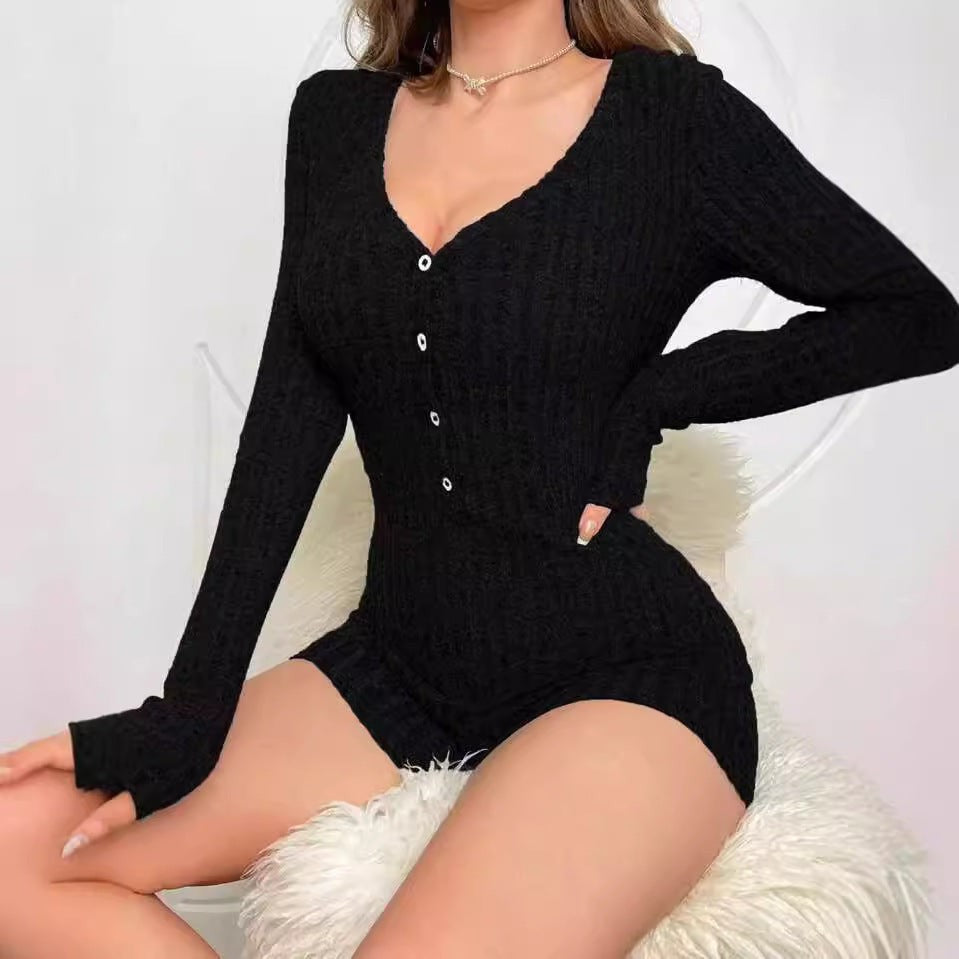 Rib Knit Long Sleeve Jumpsuit Slim Fit Short Length Relaxed Waist