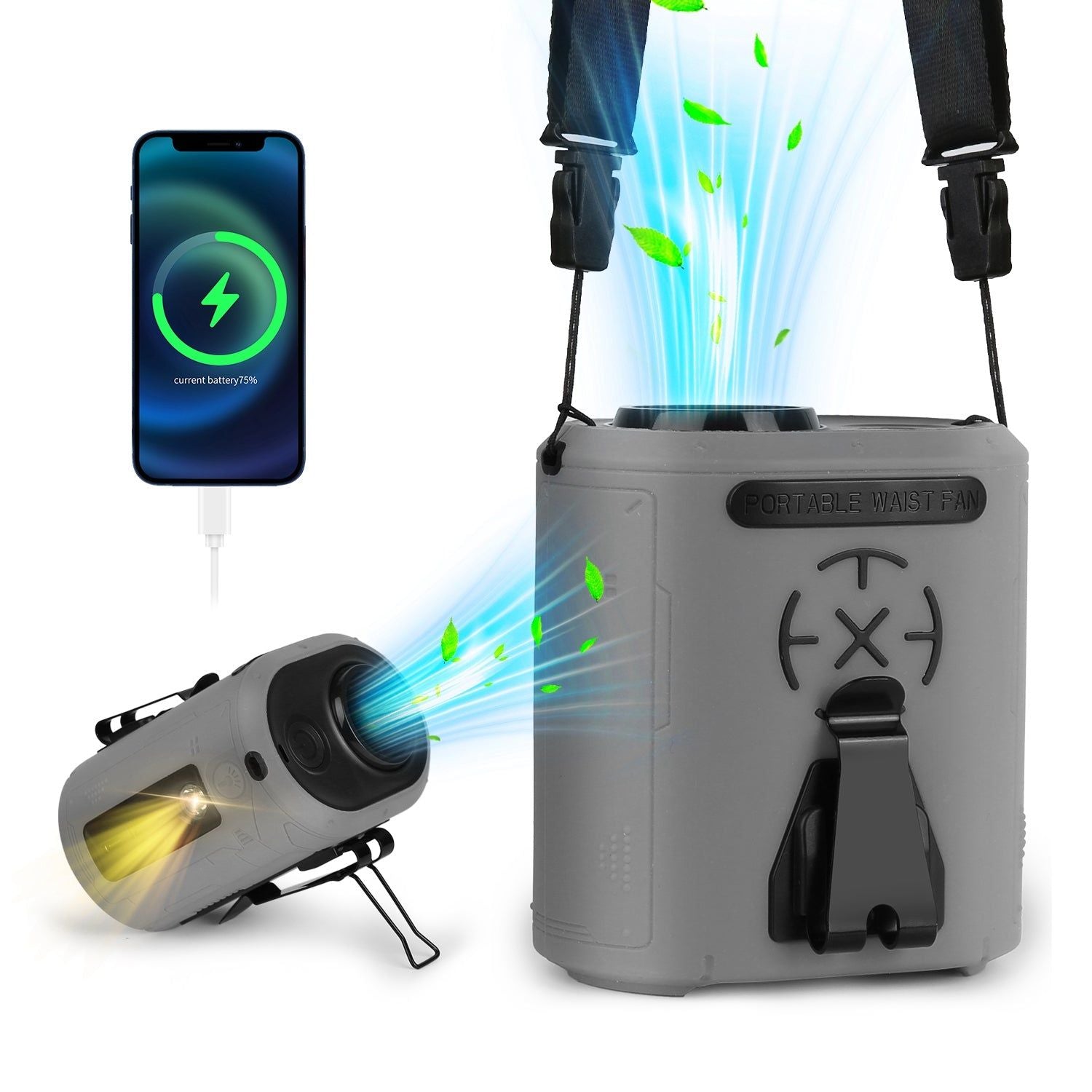 Portable Waist Clip Fan With LED Light And Power Bank