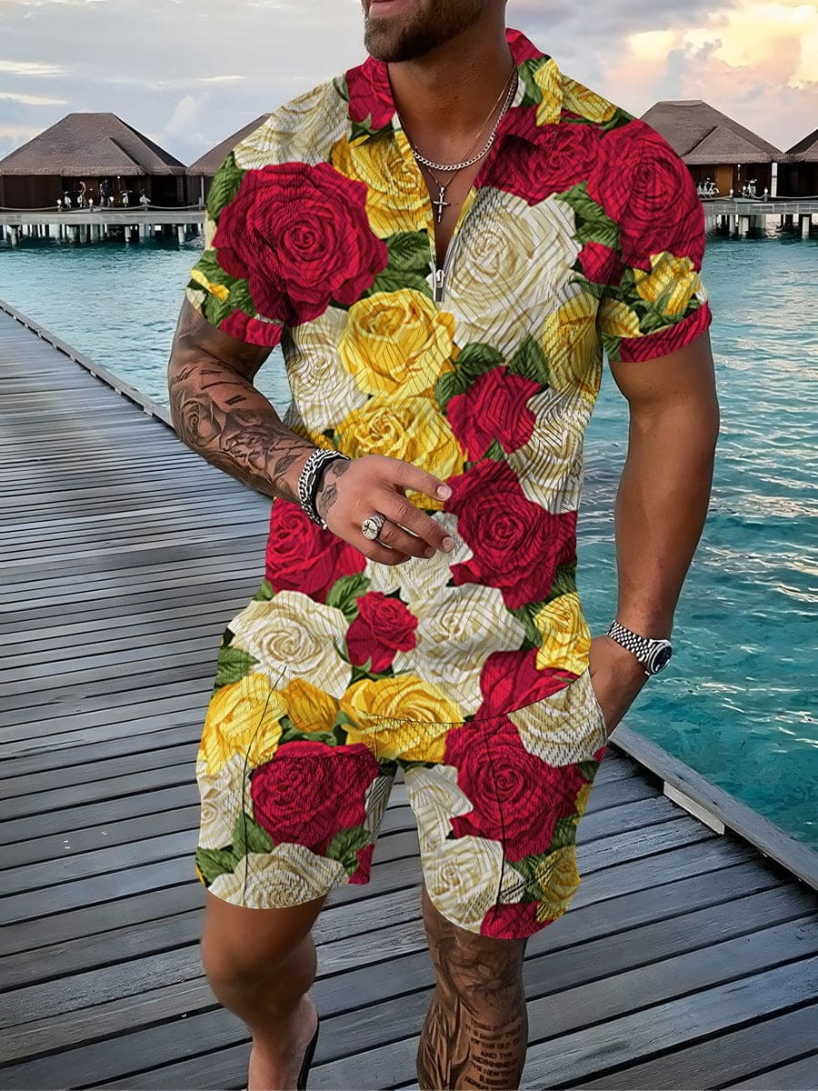 Floral Polo Shirt Suit Lapel Short Sleeve Shorts - PMMNAPOLES