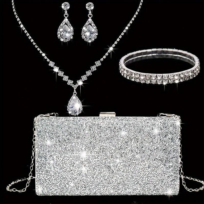 4-piece Luxury Evening Bag & Jewelry Set featuring glitter clutch, crystal necklace, earrings, and bracelet for formal occasions.