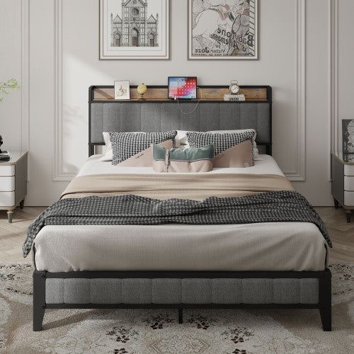 Queen Bed Frame with Charging Station and Upholstery