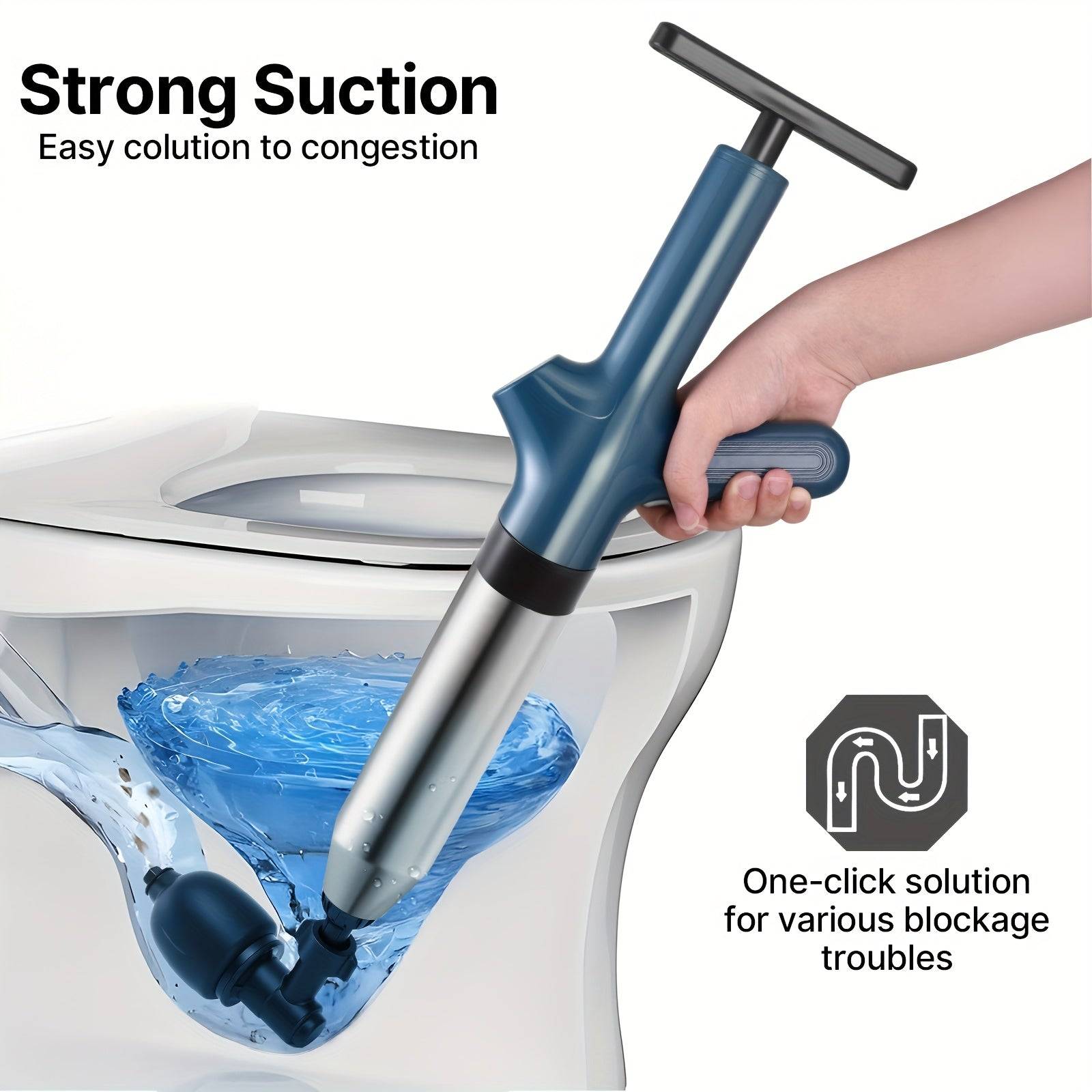 High-Pressure Air Toilet Plunger with Real-Time Pressure Gauge Stainless Steel Drain Blaster for Clogs in Toilets, Sinks & Floor Drains No Battery Needed