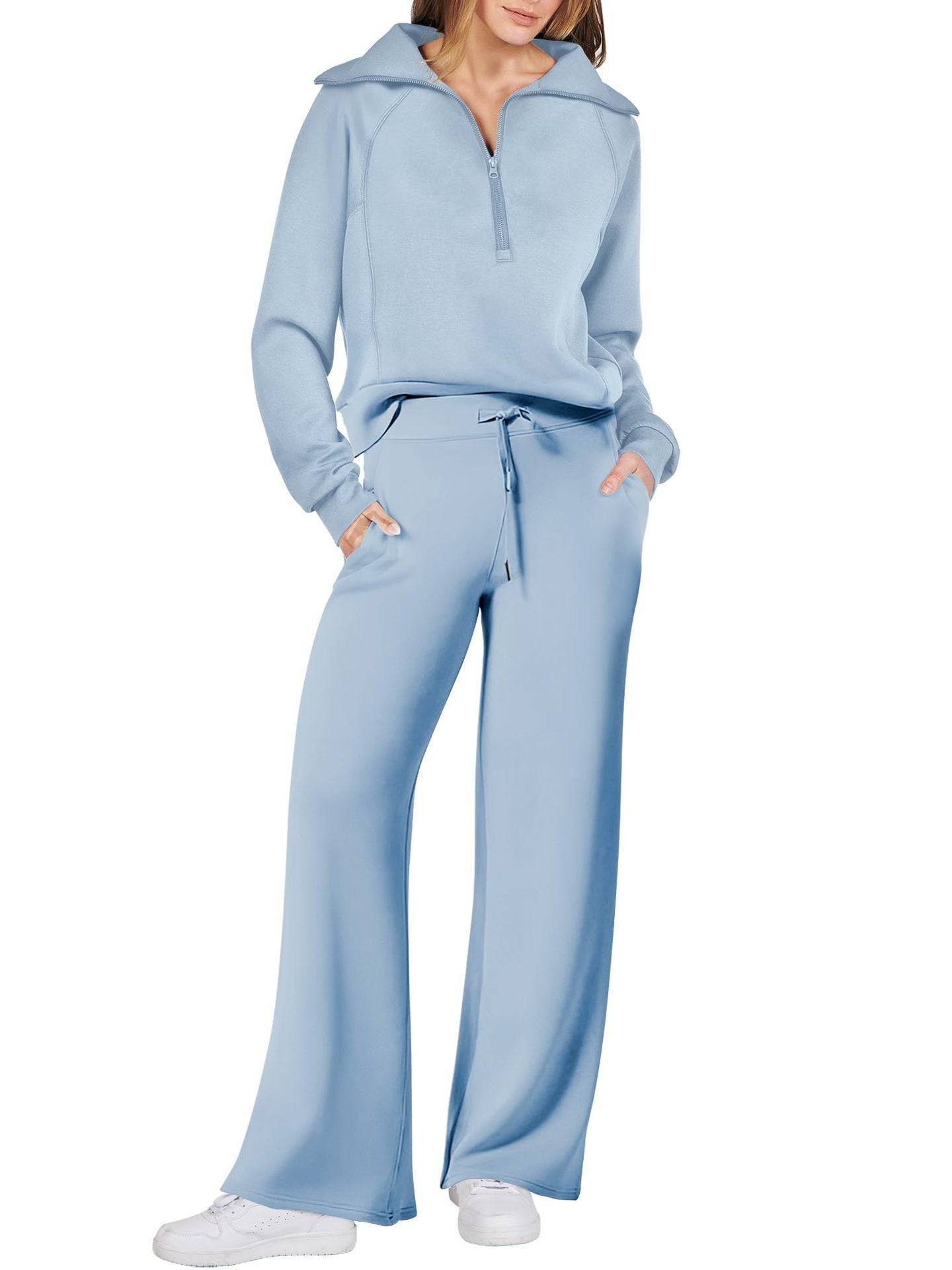 Two Piece Set Zip Sweatshirt Wide Leg Pants Suit