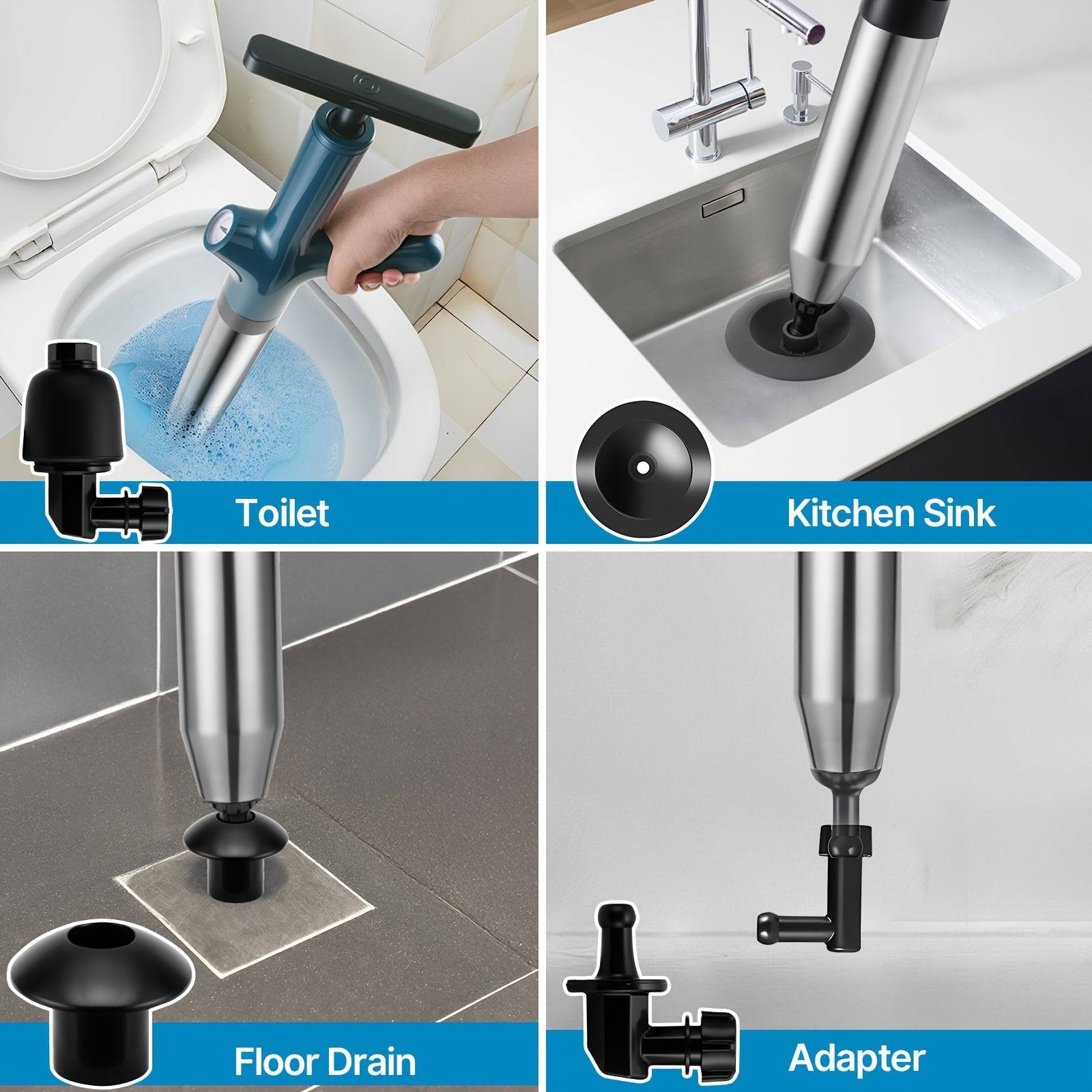 High-Pressure Air Toilet Plunger with Real-Time Pressure Gauge Stainless Steel Drain Blaster for Clogs in Toilets, Sinks & Floor Drains No Battery Needed