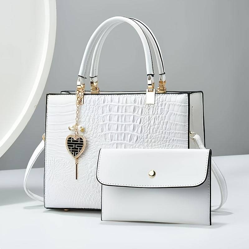 Women's Crocodile Pattern Shoulder Bag Elegant Faux Leather Messenger Purse for Daily & Evening Use