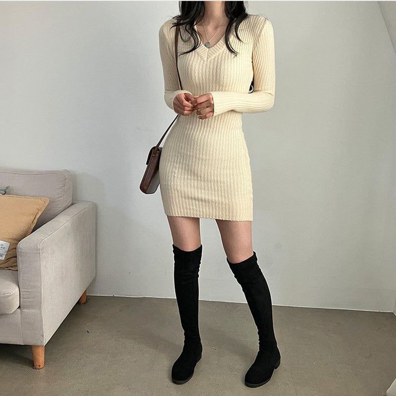 V Neck Bodycon Mini Dress With Long Sleeves And Stretch